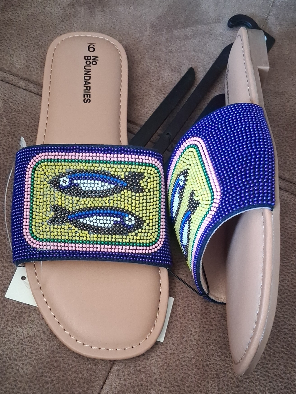 No Boundaries Beaded Fish Slide Sandals - Blue, Yellow & Pink Accents Size 9